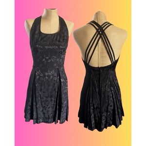 VTG By Choice‎ Black Floral Jacquard Mini Dress- Criss Cross Back- Goth Grunge